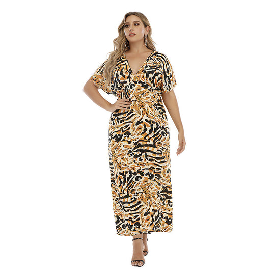 Damen Maxikleid mit kreativem Animalprint und V-Ausschnitt EB