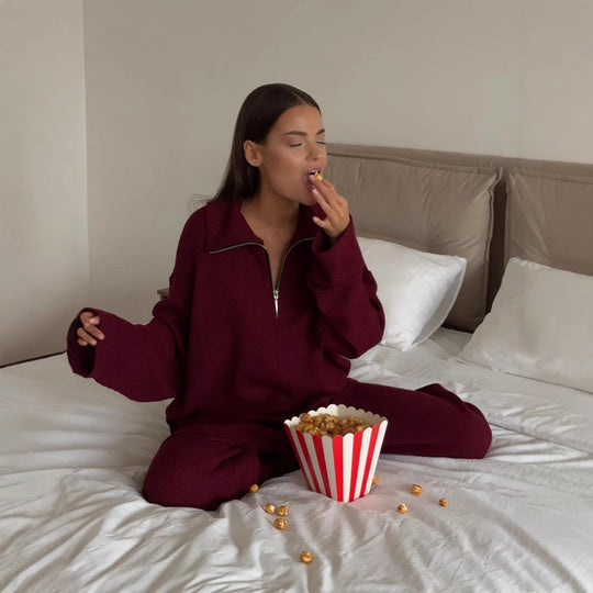 Damen Oversize Strick-Lounge-Set mit halbem Reißverschluss und weitem Bein EB
