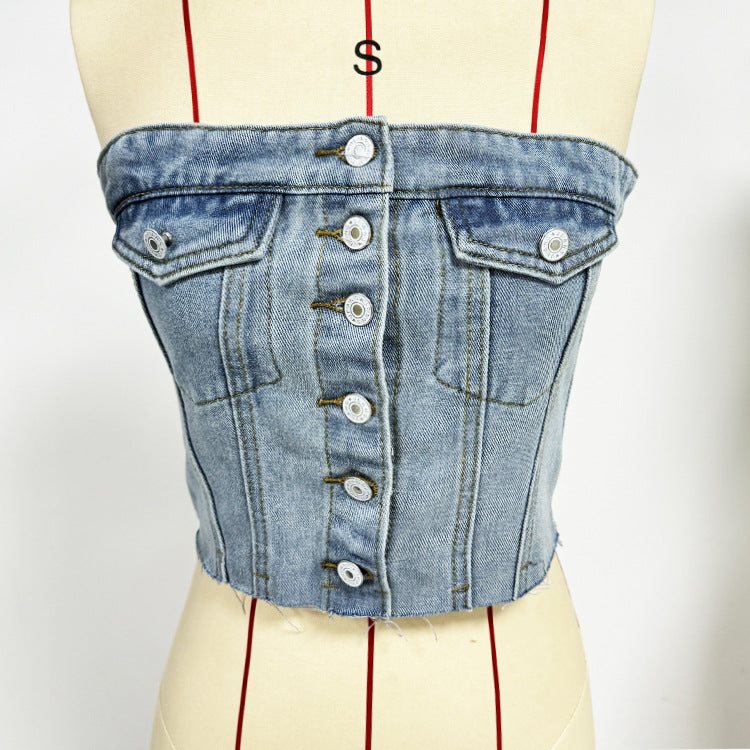 Damen Denim Bustier-Top mit Knopfleiste und figurbetontem Schnitt EB