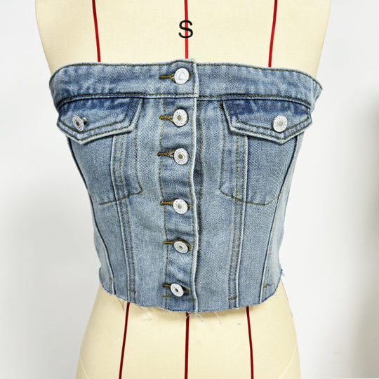 Damen Denim Bustier-Top mit Knopfleiste und figurbetontem Schnitt EB