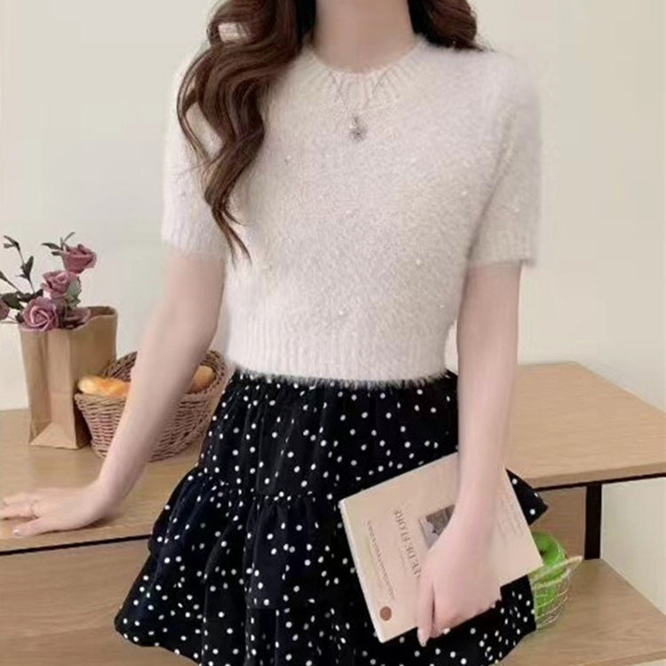 Damen cropped Pullover mit zarten Perlen EB