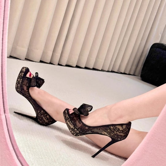 Damen Spitzen High Heel Pumps mit Schleifenakzent EB