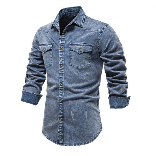 Herren Denim Hemdbluse mit zwei Brusttaschen und geschmackvollen Stickereien EB