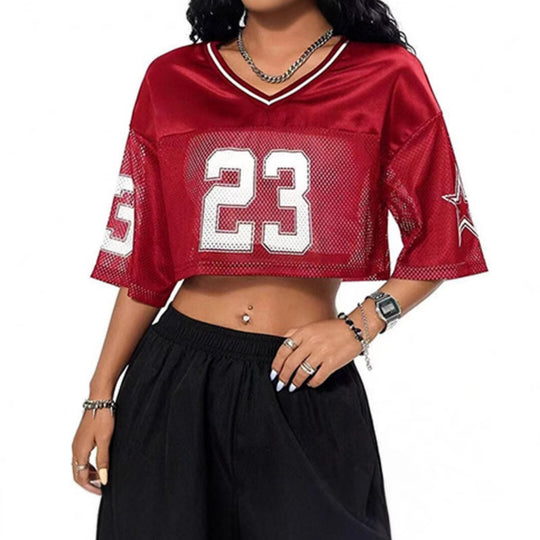 Damen sportliches Crop-Top aus atmungsaktivem Mesh-Material mit Nummer CD-EB