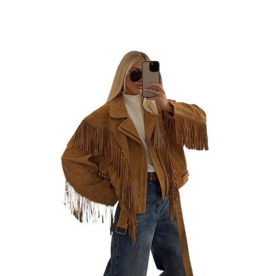 Damen Wildlederjacke mit Fransen und großzügigen Ärmeln EB