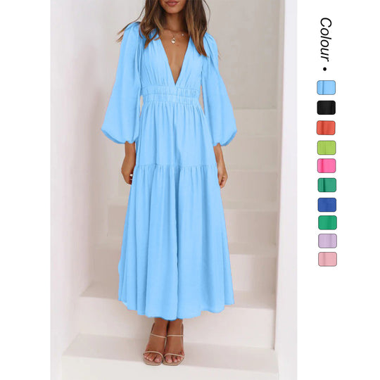 Damen Langarm Maxikleid mit tiefem V-Ausschnitt und weitem Rock EB
