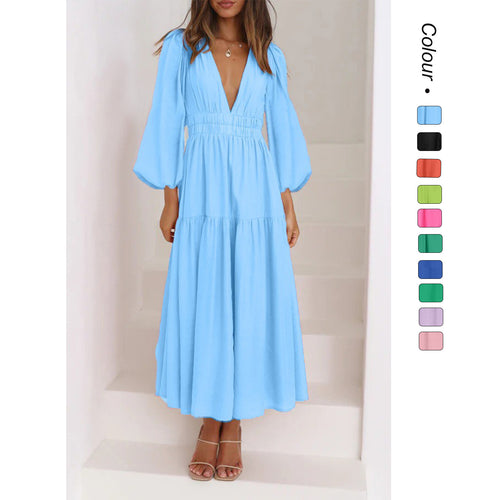 Damen Langarm Maxikleid mit tiefem V-Ausschnitt und weitem Rock EB