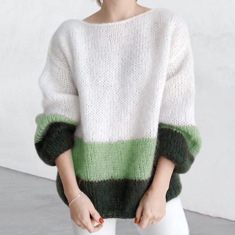 Damen Grobstrickpullover mit modernem Blockmuster und lässigem Schnitt EB