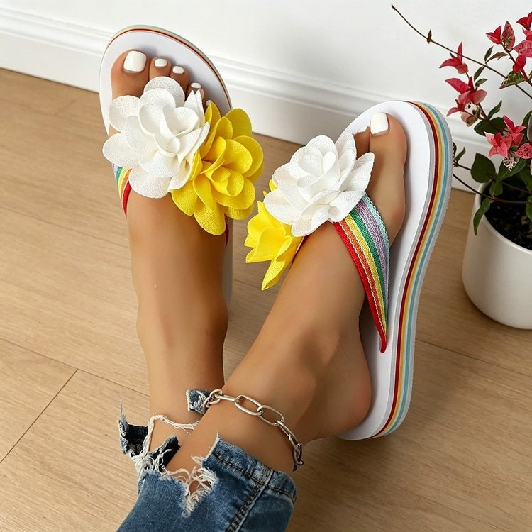 Damen Trendige Flip-Flops mit floralem Dekor und buntem Riemendesign EB