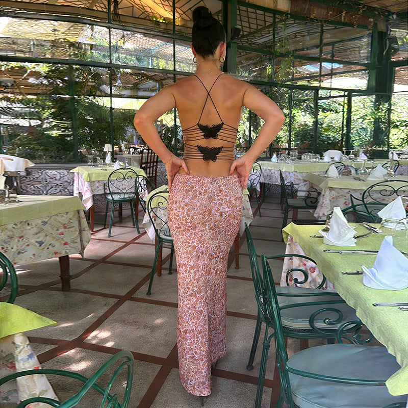 Damen Maxikleid mit Spaghettiträgern und aufregendem Leopardenmuster EB