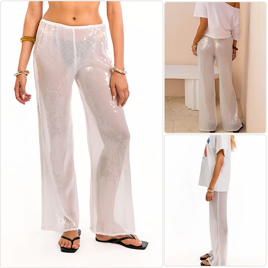 Damen Elegante Pailletten-Hose mit transparentem Chiffon und weitem Schnitt EB