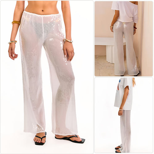 Damen Elegante Pailletten-Hose mit transparentem Chiffon und weitem Schnitt EB