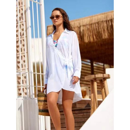 Damen Strandüberwurf mit elegantem Wickeldetail und transparentem Stoff EB