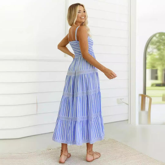 Damen Lange Sommerkleid mit schmalen Trägern und voluminösem Rock EB