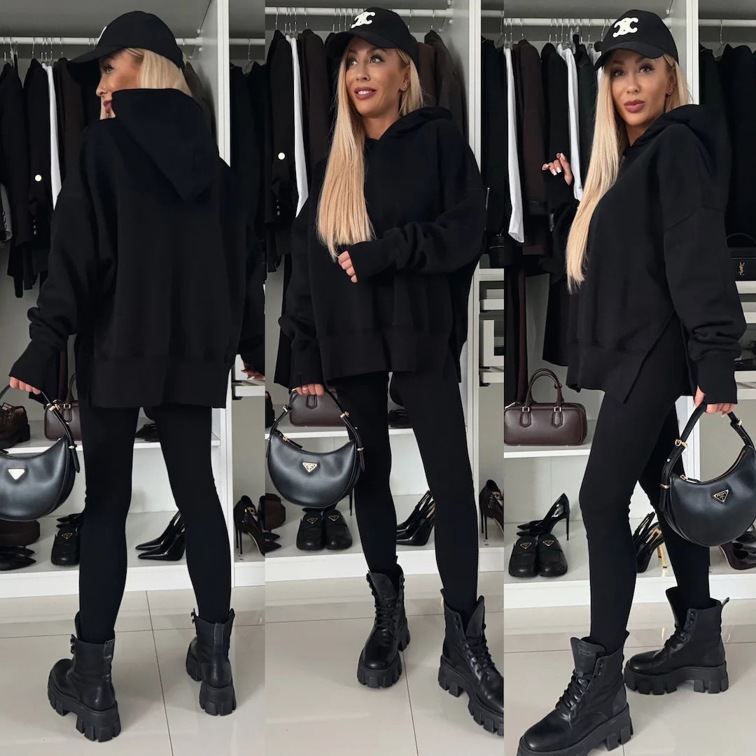Damen nan oversized Kapuzenpullover mit Leopardenprint, kontrastbündchen und verlängertem Rückensaum EB