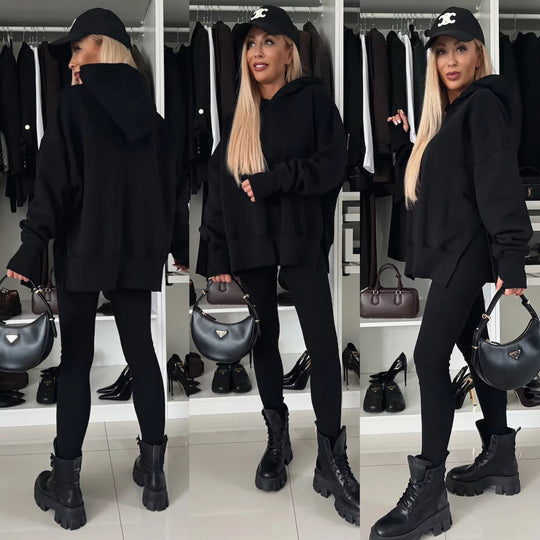 Damen nan oversized Kapuzenpullover mit Leopardenprint, kontrastbündchen und verlängertem Rückensaum EB