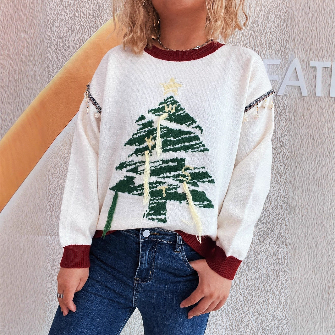 Damen Weihnachts-Pullover mit festlichem Baum-Motiv und edlen Details EB