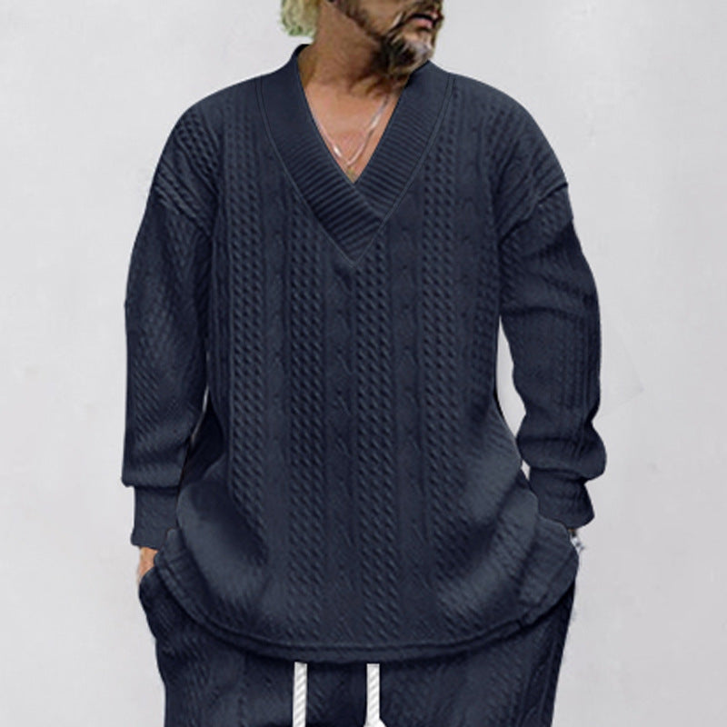 Herren nan Oversize Zopfmuster-Longpullover mit tiefem V-Ausschnitt und passender Strickhose EB