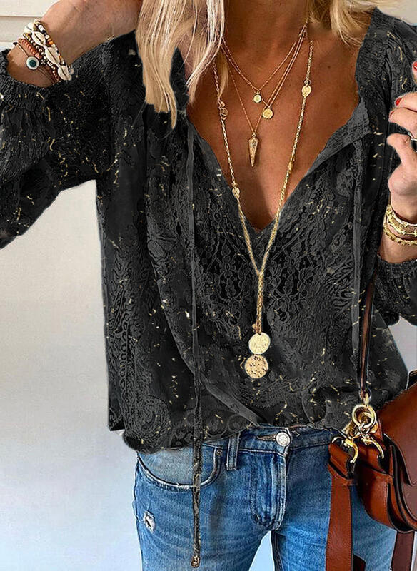 Damen Elegante und feminine Bluse mit V-Ausschnitt und Spitzenakzenten EB