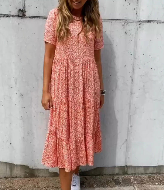 Damen nan geblümtes gekrepptes Midikleid mit geraffter Empire-Taille, kurzen Ärmeln und stufigem Volantrock EB