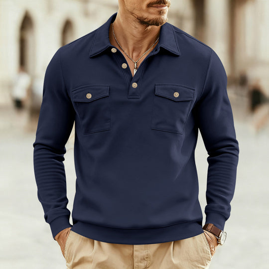 Herren nan figurbetontes Langarm-Poloshirt mit Hemdkragen und aufgesetzten Brustklappen EB