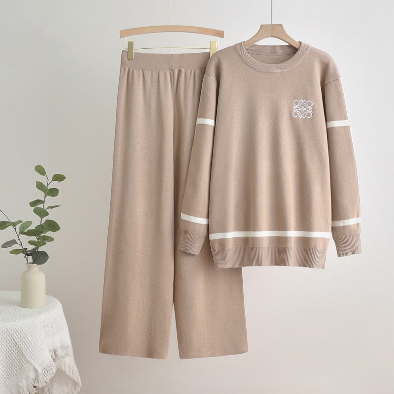 Damen modisches Freizeit-Loungewear-Set mit breiten Beinen und dezentem Logo EB