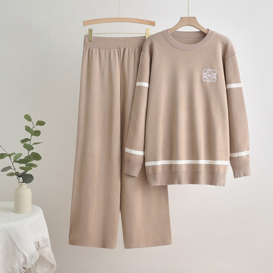 Damen modisches Freizeit-Loungewear-Set mit breiten Beinen und dezentem Logo EB