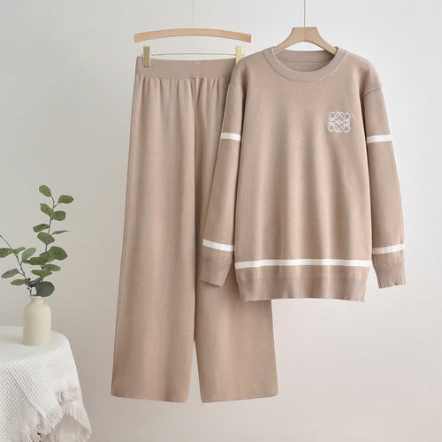 Damen modisches Freizeit-Loungewear-Set mit breiten Beinen und dezentem Logo EB