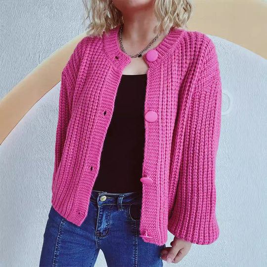 Damen Grobstrickjacke mit ballonförmigen Ärmeln und dekorativen Knöpfen EB