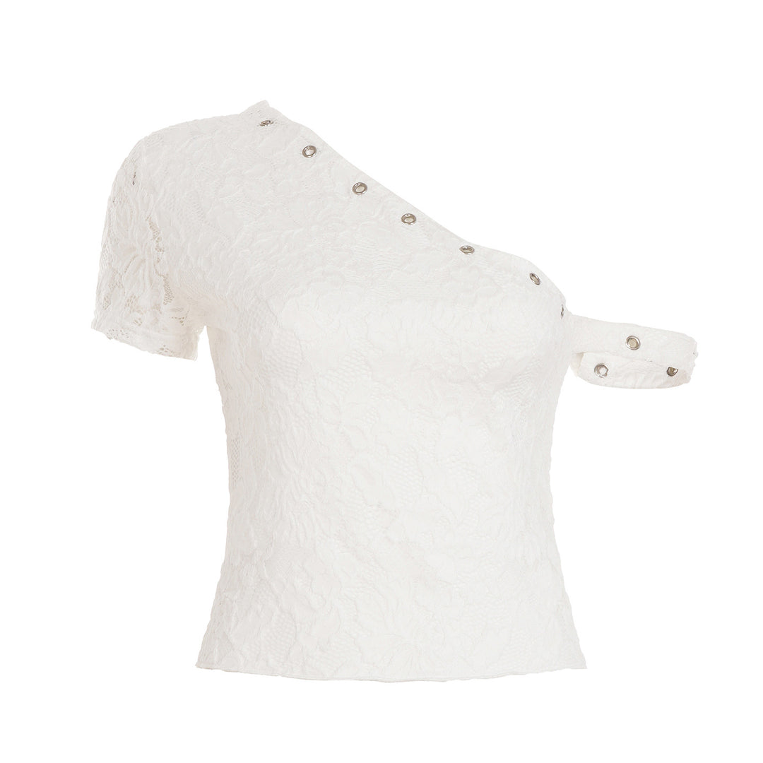 Damen elegantes Oberteil aus zarter Spitze mit kurzem Ärmel und aufregendem Design EB