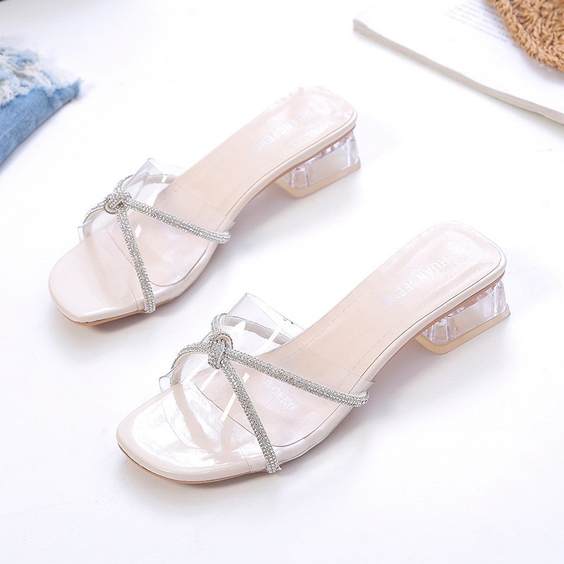 Damen elegante Sling-Sandalen mit transparenten Riemen und funkelndem Akzent EB