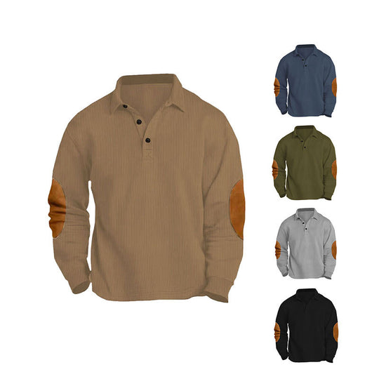 Herren nan legeres Langarm-Poloshirt mit Hemdkragen, kurzer Knopfleiste, feiner Struktur und Velours-Ellenbogenbesatz EB