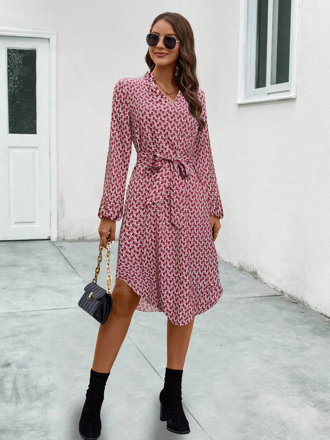 Damen Wickelblusenkleid mit Rüschendetails und praktischen Bindebändern EB
