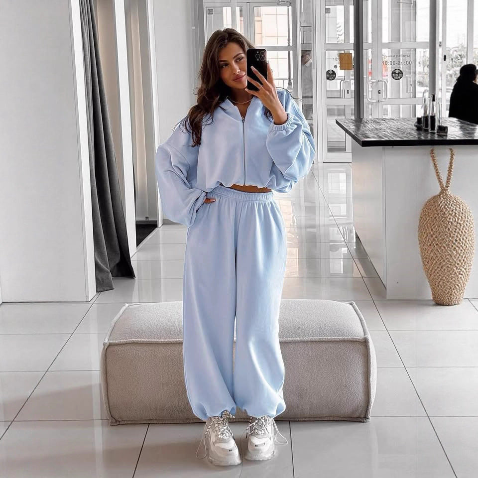 Damen nan oversized Kapuzenjacke mit durchgehendem Reißverschluss und Highwaist Gummibund-Jogginghose Set EB