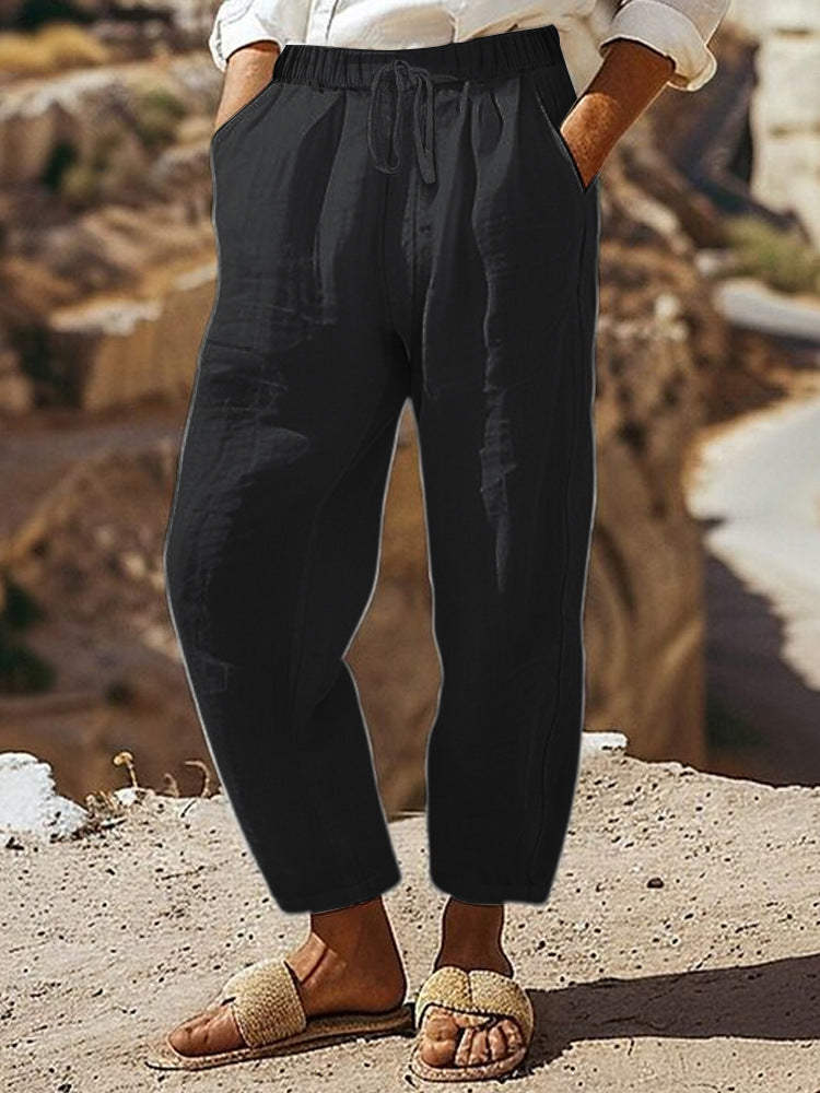 Damen Casual-Chino Leinenoptik Culotte mit elastischem Tunnelzugbund und Eingrifftaschen EB