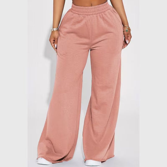 Damen nan weite Highwaist Palazzo-Loungehose mit doppelt gerafftem Komfortbund und fließender Wide‑Leg-Silhouette EB