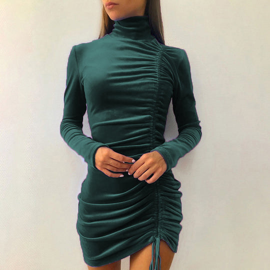 Damen elegantes Samt-Minikleid mit hohem Kragen und raffiniertem Raffungseffekt EB
