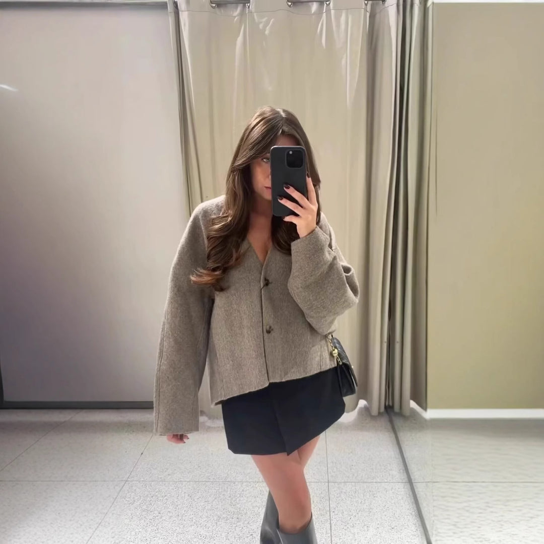 Damen modische Wolljacke mit elegantem Kragen und praktischen Taschen EB