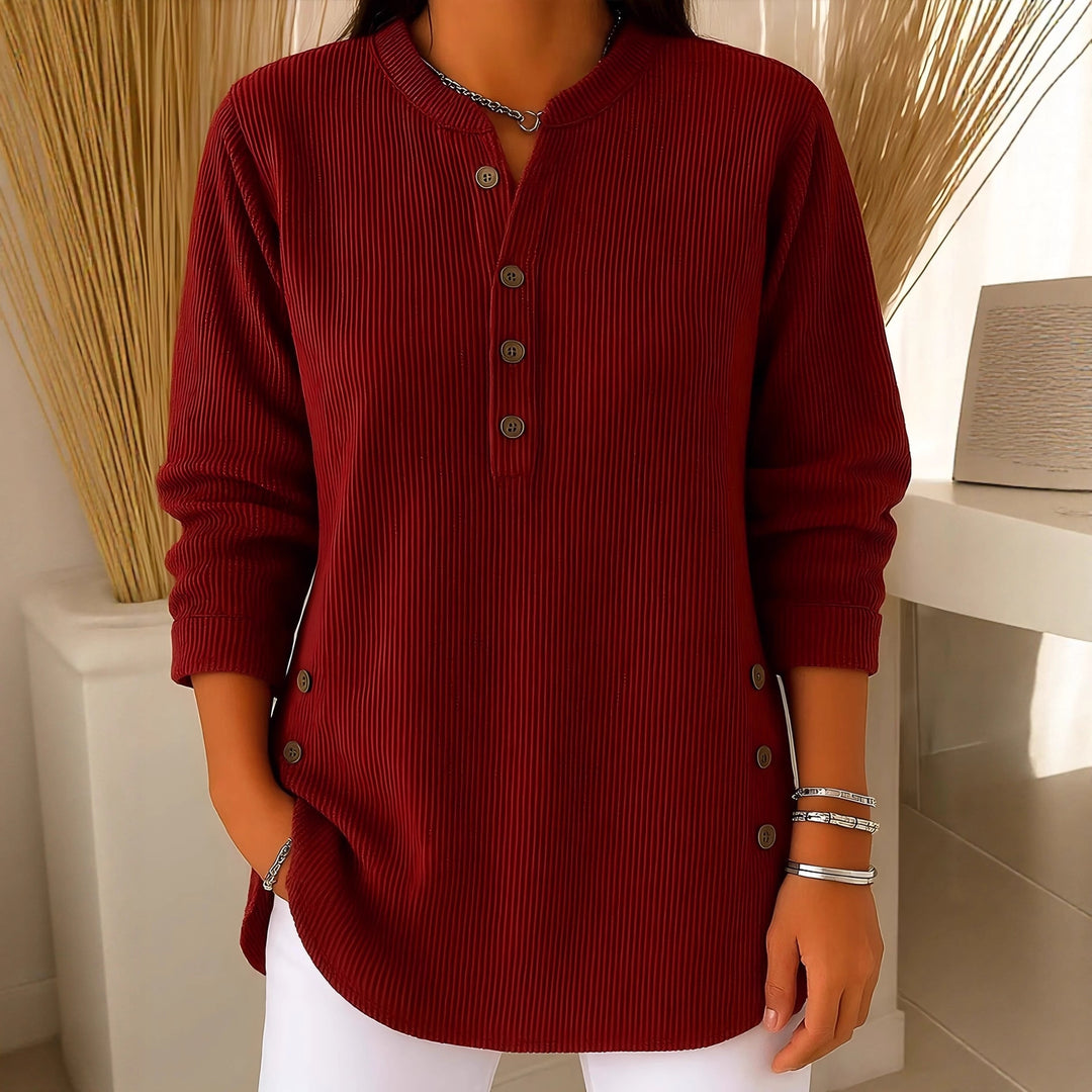 Damen nan plissee Tunika-Bluse mit Stehkragen, Knopfleiste und seitlichen Zierknöpfen EB