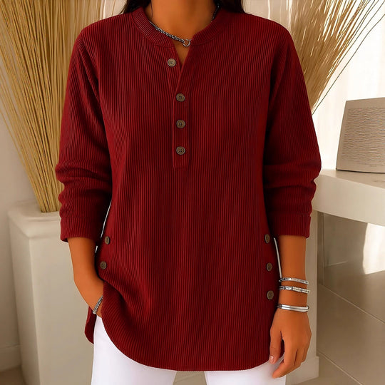 Damen nan plissee Tunika-Bluse mit Stehkragen, Knopfleiste und seitlichen Zierknöpfen EB