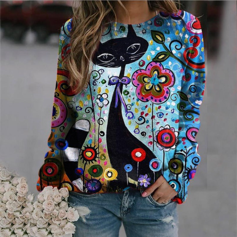 Damen Oversized-Sweatshirt mit künstlerischem Katzen-Print und floraler Musterung EB
