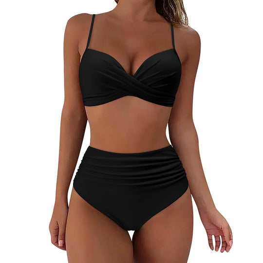 Damen Hochtailliertes Bikini-Set mit floralem Oberteil und gerafftem Höschen EB