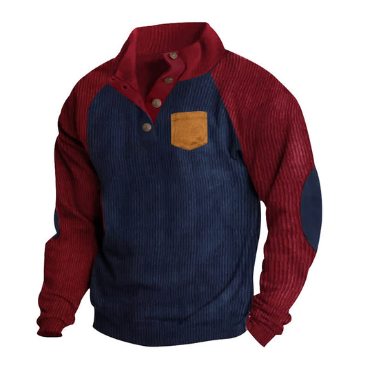 Herren Geripptes Henley‑Pullover mit Raglanärmeln, Ellenbogen‑Patches & Brusttasche EB