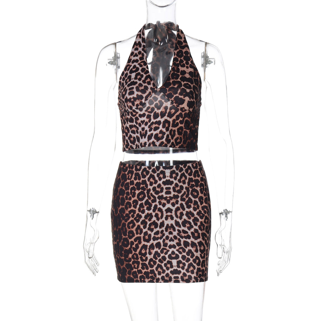 Damen Leo-Muster Crop Top und Minirock Set EB