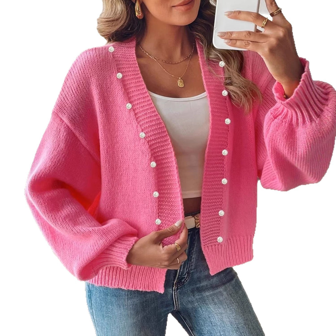 Damen nan Strickcardigan mit Perlenknöpfen und Balloon-Ärmeln EB