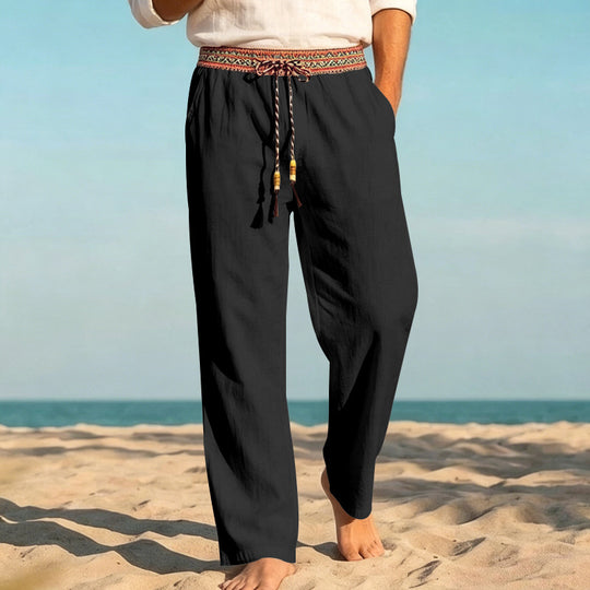 Herren Leinenoptik Freizeithose mit besticktem Kordelbund und Kordelzug EB