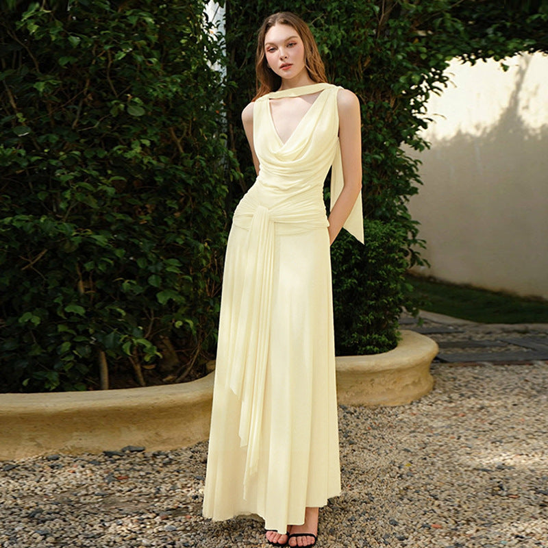 Damen schulterfreies Wickelmaxikleid mit drapiertem Oberteil und seitlichem Bindegürtel EB