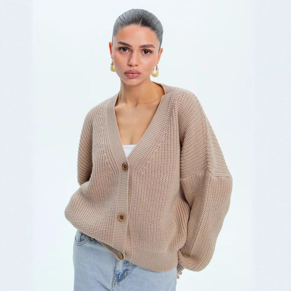 Damen lässiger Strickjacke mit voluminösen Ärmeln und modernen Knopfdetails EB