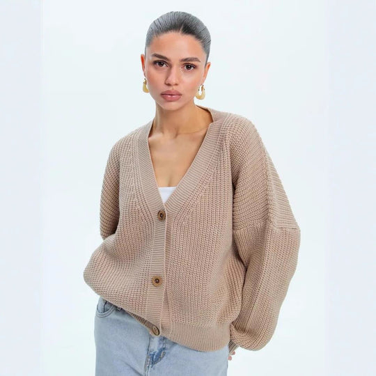Damen lässiger Strickjacke mit voluminösen Ärmeln und modernen Knopfdetails EB