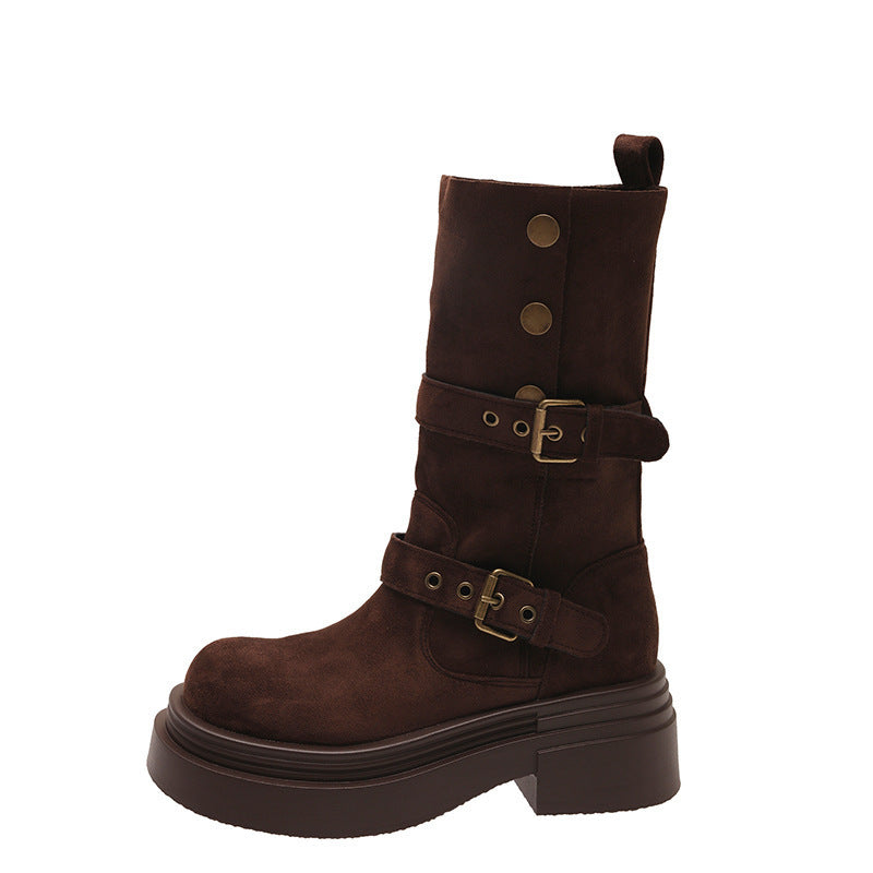 Damen Chunky Stiefel mit modischem Schnallen-Design und robuster Sohle EB